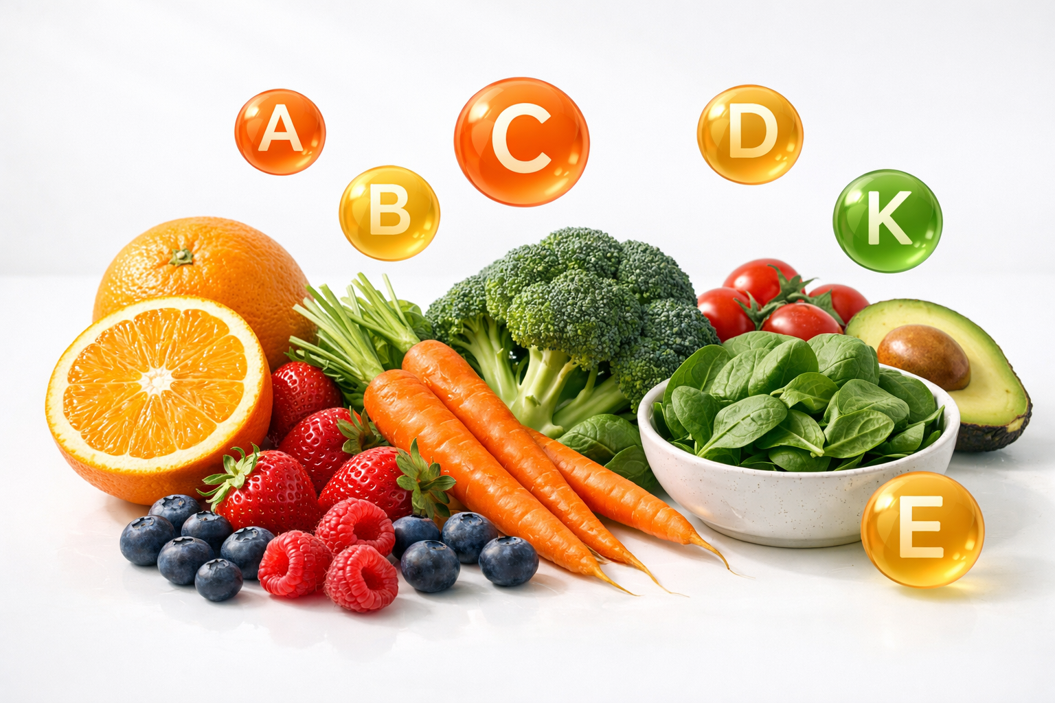 Obst und Gemüsen zusammen mit Vitamine