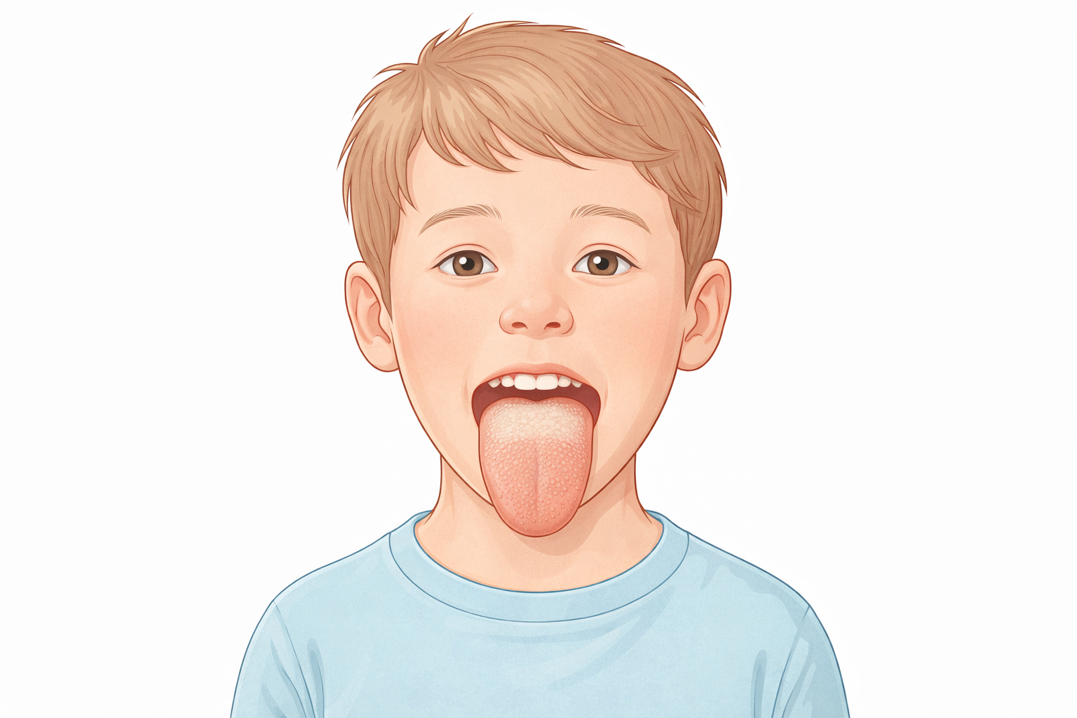 Junge mit rausgetreckter Zunge und Zungenbelag