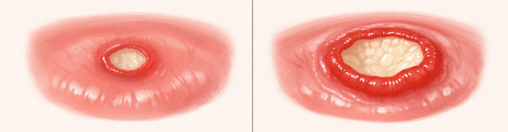 Medizinische Vergleichsillustration von Minor-Aphte und Major-Aphte im Mund – Unterschiede in Größe und Tiefe der Schleimhautentzündung