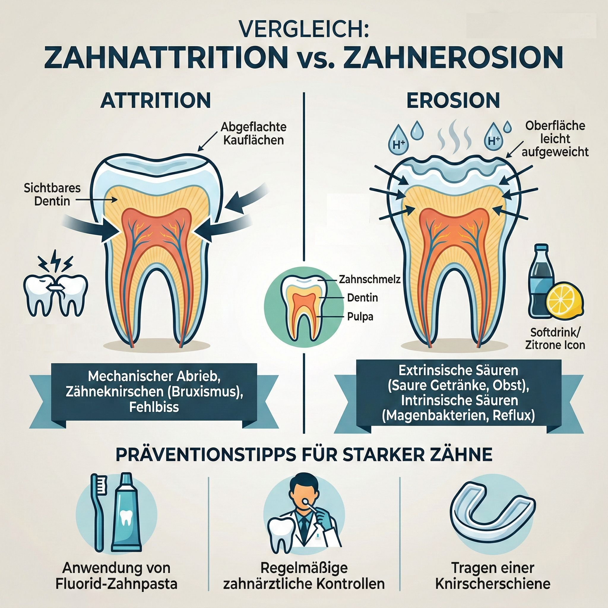 Vergleichende Darstellung Attrition und Erosion der Zähne