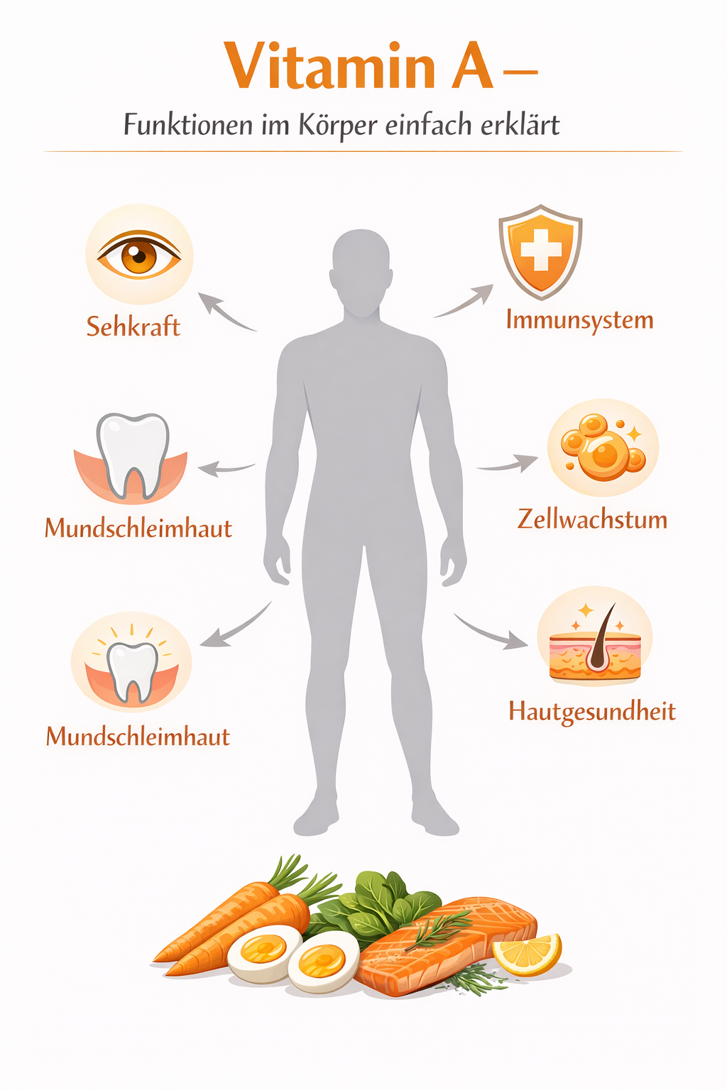 Infografik zu den wichtigsten Aufgaben von Vitamin A im Körper mit Fokus auf Schleimhäute, Sehkraft und Immunsystem