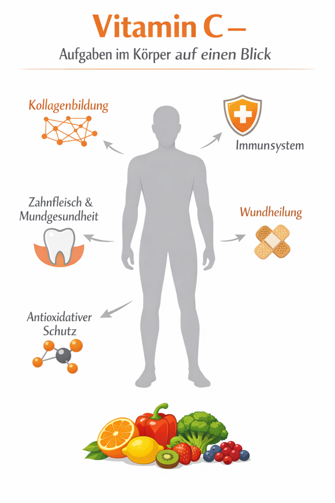 Darstellung der Hauptaufgaben vom Vitamin C im Körper