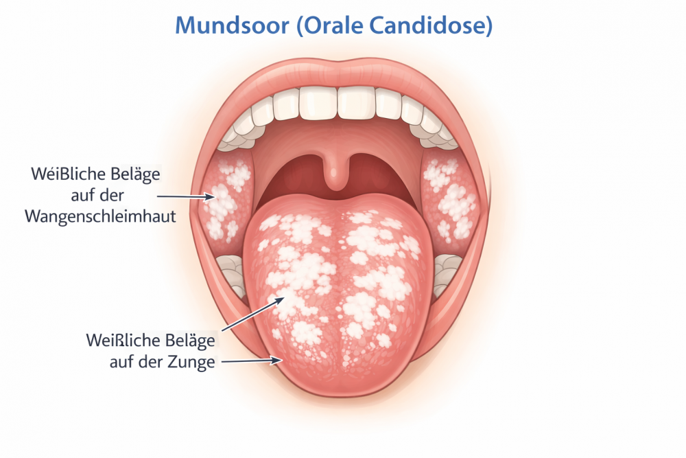 Darstellung von Mundsoor (orale Candidose) mit typischen weißlichen Belägen auf Zunge und Schleimhaut