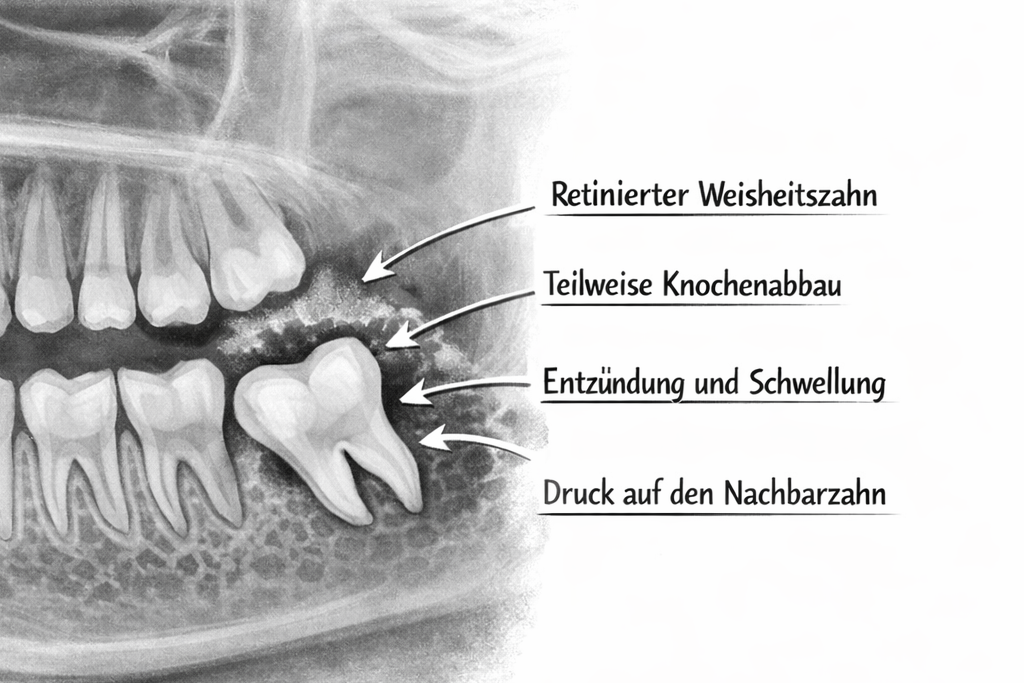 Darstellung eines retinierten Weisheitszahn mit beginnender Dentitio difficilis