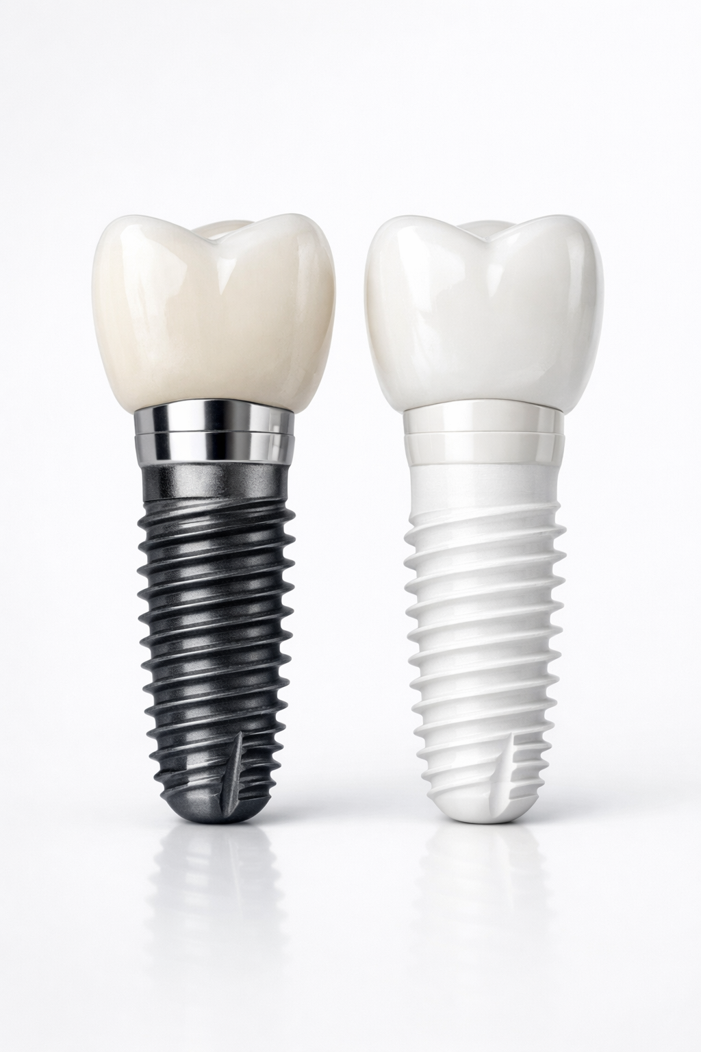 Darstellung eines direkten Vergleichs eines Titanimplantats und eines Keramikimplantats