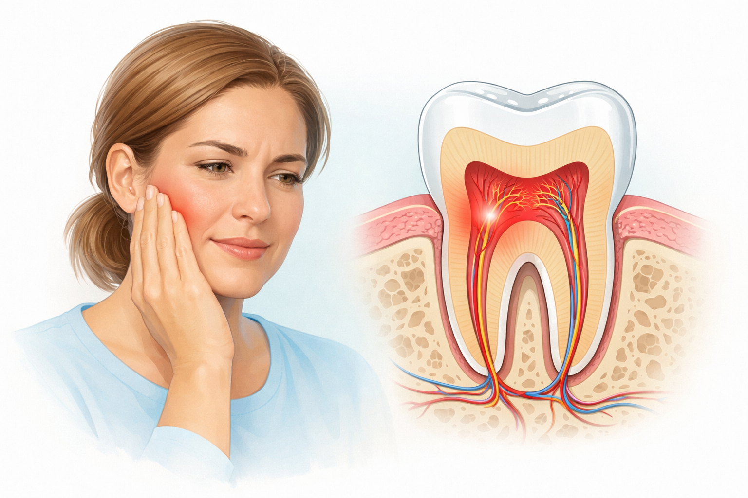 Person mit Zahnschmerzen hält sich die Wange, daneben Illustration eines Zahns im Querschnitt mit hervorgehobenem Zahnnerv