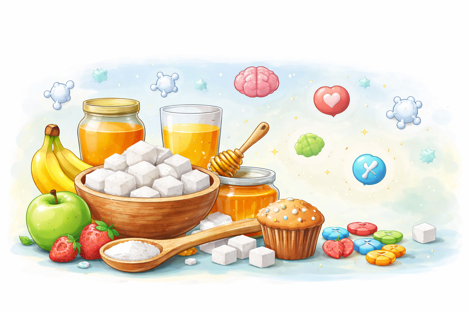 darstellung von zucker und lebensmitteln, die ihn enthalten.